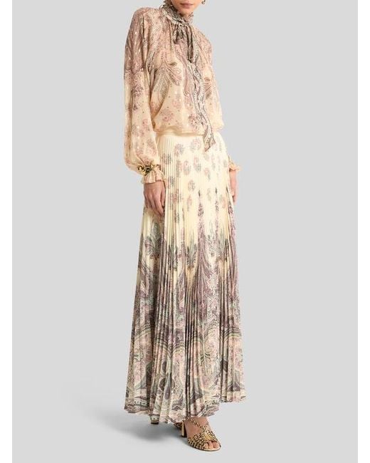 Etro Natural Pleated Maxi Skirt With Placed Print