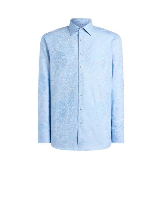 Etro Blue Cotton Jacquard Shirt With Paisley Foliage Motif for men