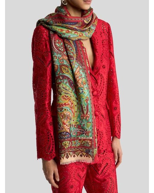Etro Red Cashmere, Silk And Wool Scarf With Paisley Motif