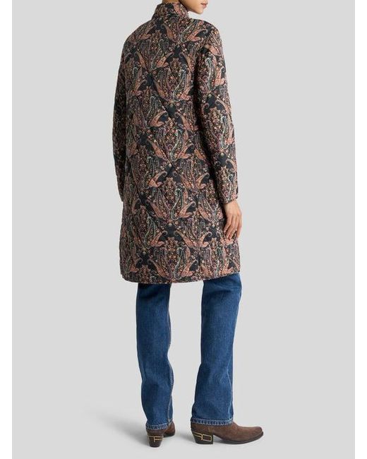 Etro Brown Quilted Coat With Floral Paisley Motif