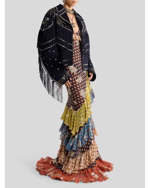 Etro Black Leather Jacket With Studs And Fringing