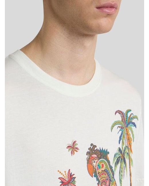 Etro White Cotton Pique T-Shirt With Parrot Print for men