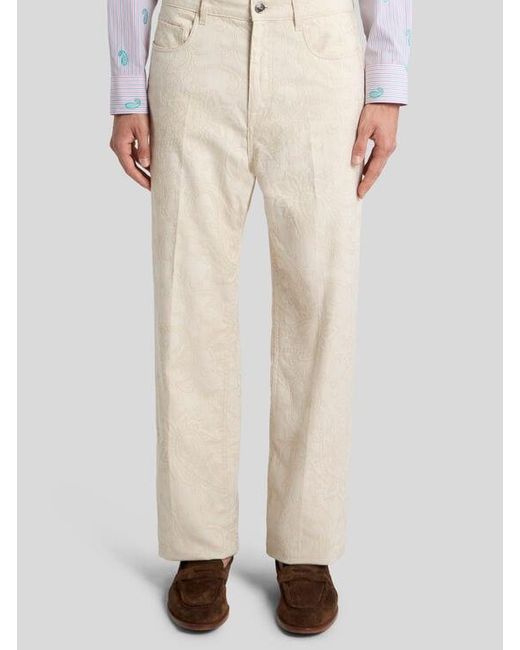 Etro Natural Straight-Leg Denim Jeans With Pressed Creases And Leafy Motif for men