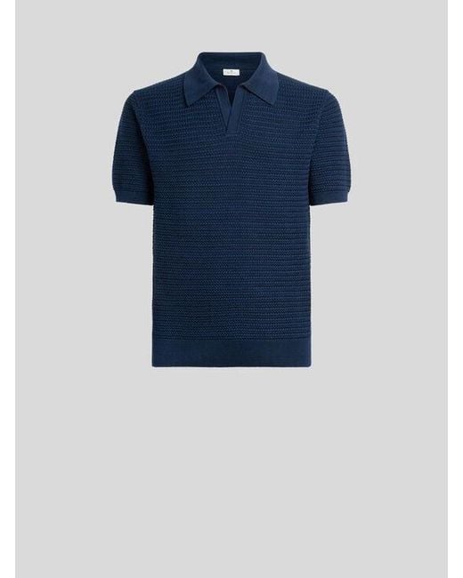 Etro Blue Knit Cotton Polo Shirt With Braided Stitch for men