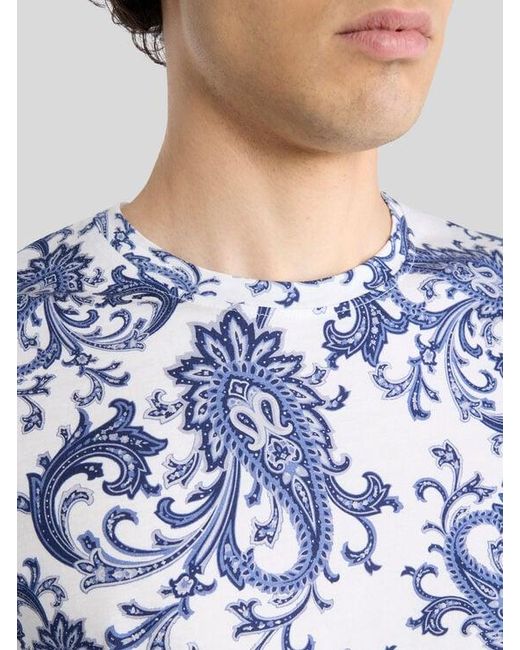 Etro Blue Cotton T-Shirt With Leafy Paisley Motif for men