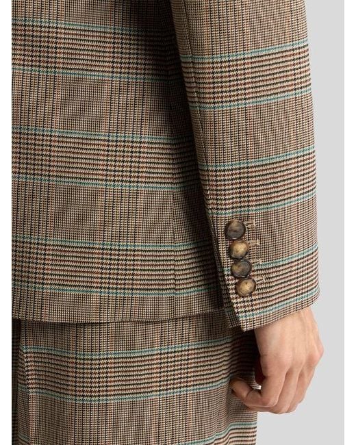 Etro Natural Double-Breasted Stretch Wool Jacket With Prince Of Wales Motif