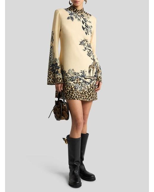 Etro Natural Envers Satin Mini Dress With Front Print And Leopard Motif