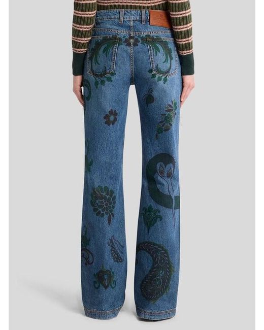 Etro Blue Flared Jeans With Flower And Bee Print
