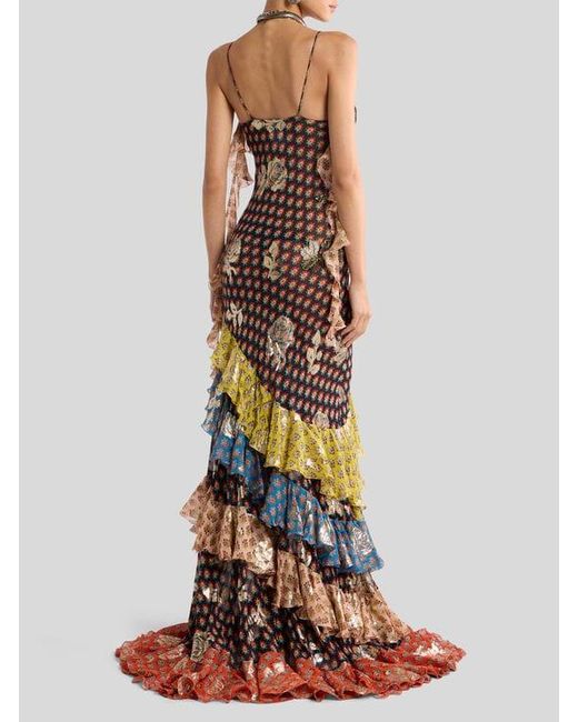 Etro Multicolor Long Silk Dress With Fil Coupé Roses And Tie-Inspired Motif