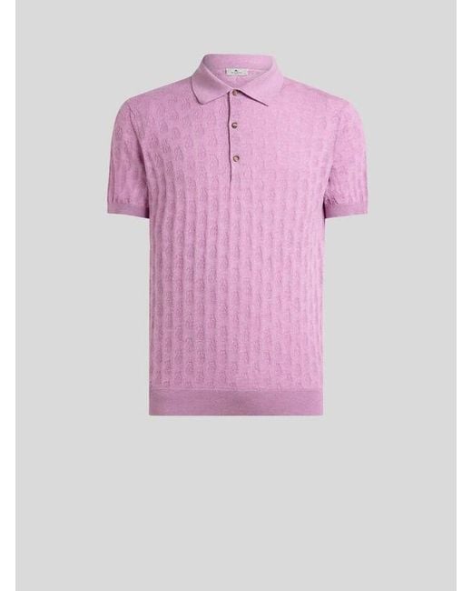 Etro Pink Knit Cotton Polo Shirt With Micro Paisley Motif for men