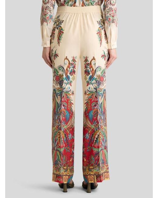 Etro White Silk Trousers With Placed Paisley Foliage Print