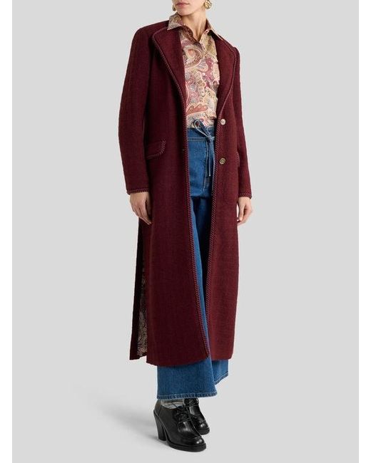 Etro Red Basketweave Wool-Blend Coat With Check Motif