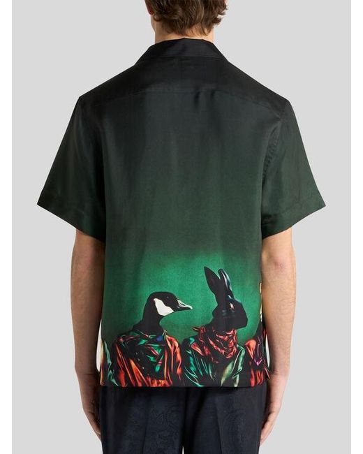 Etro Green Silk Bowling Shirt With Placed Animal Print for men