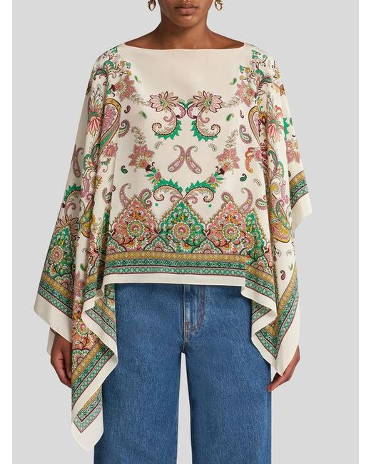 Etro White Floral Paisley Silk Poncho