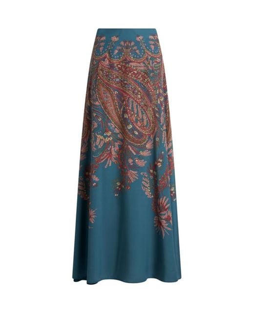 Etro Blue Langer Rock Aus Seide Mit Platziertem Print, Damen, Größe