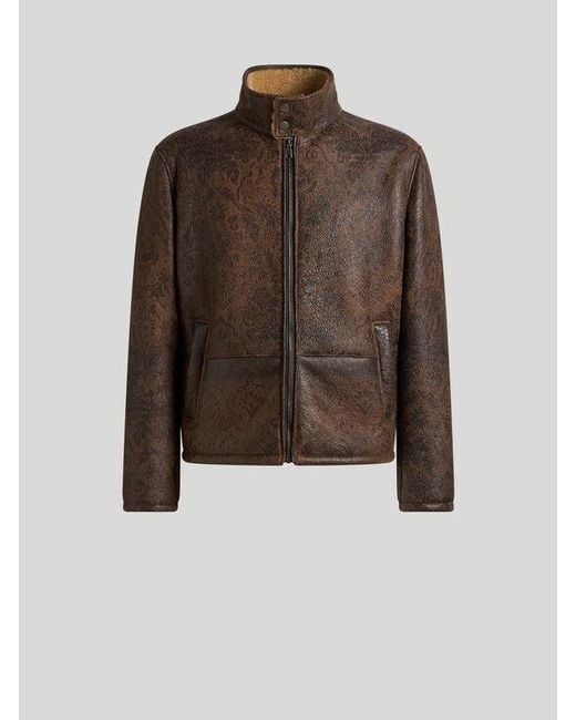 Etro Brown Shearling Jacket With Print for men