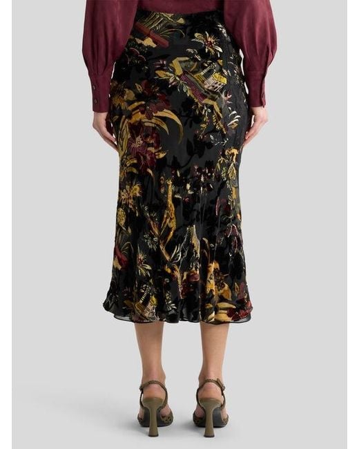 Etro Black Silk-Blend Burnout Velvet Midi Skirt With Flower And Animal Motif