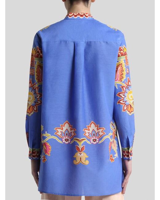 Etro Blue Cotton And Silk Shirt With Print