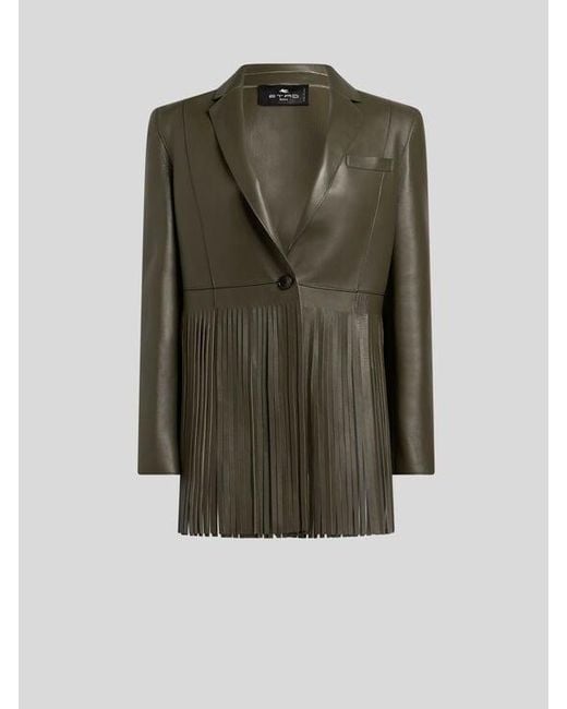 Etro Green Single-Breasted Leather Jacket With Fringing