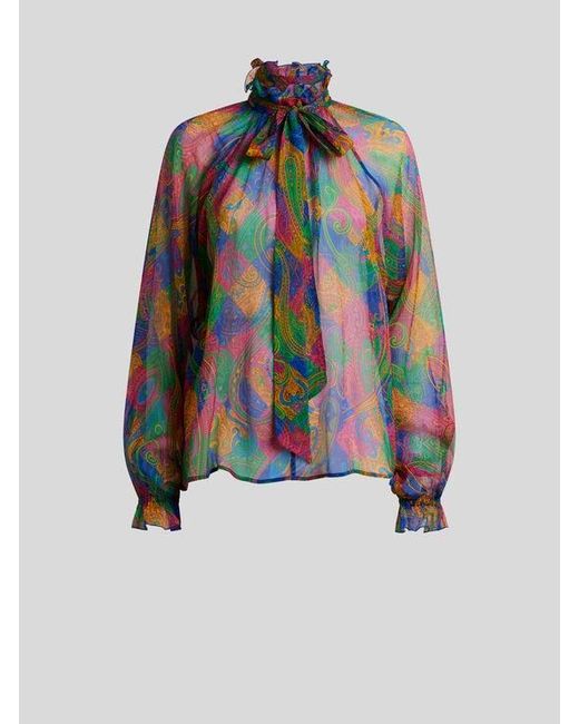 Etro Multicolor Silk Crepon Blouse With Geometric Paisley Motif