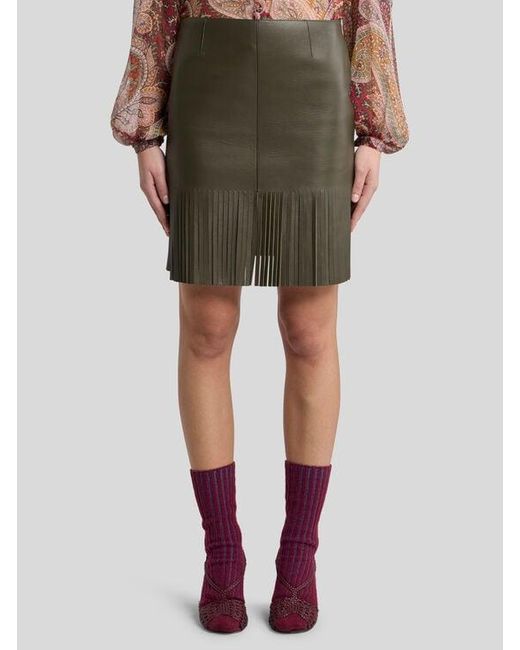 Etro Green Leather Skirt With Fringing