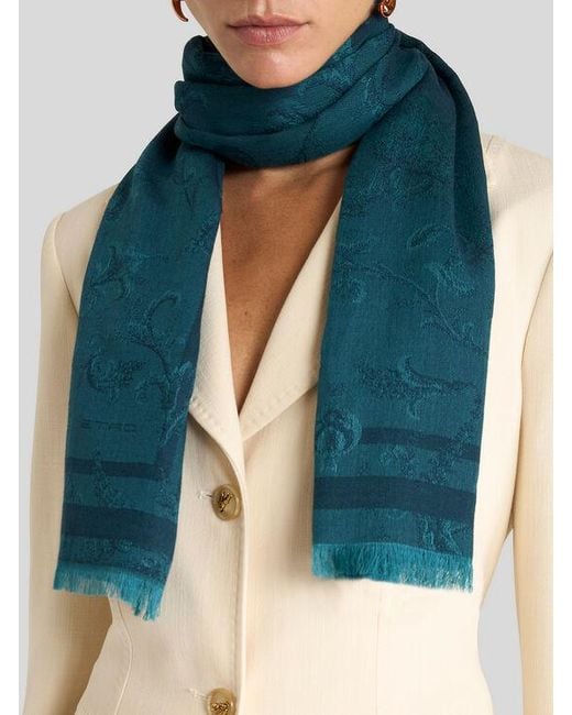 Etro Blue Cotton-Blend Jacquard Scarf With Floral Motif