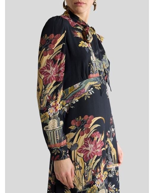 Etro Black Long Dress With Silk Scarf And Placed Flower And Animal Print