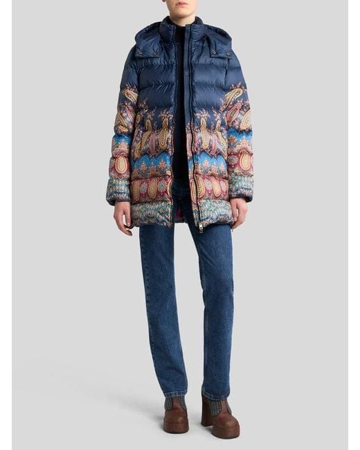Etro Blue Down Jacket With Hood And Placed Print