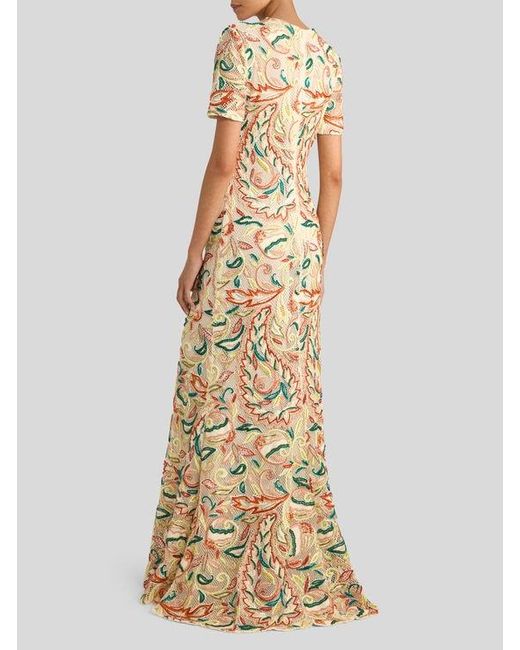 Etro Metallic Crochet-Effect Long Dress With Floral Embroidery