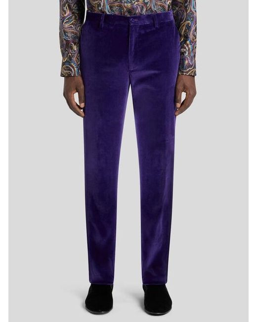 Etro Blue Stretch Velvet Trousers for men
