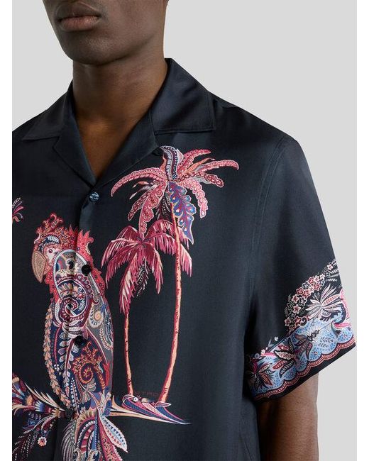 Etro Blue Cotton Bowling Shirt With Placed Parrot Print for men
