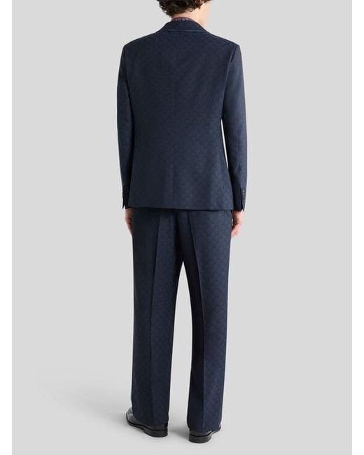 Etro Blue Single-Breasted Wool Jacquard Jacket With Shawl Collar And Micro Palm Motif for men