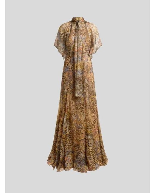 Etro Natural Long Silk Dress With Silk Scarf And Paisley And Animal Motif