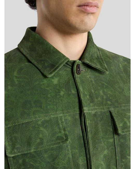 Etro Green Suede Jacket With Floral Paisley Motif for men