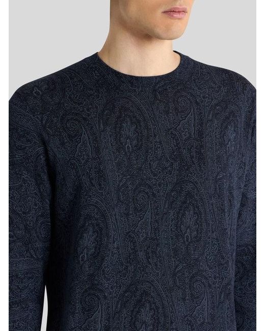 Etro Blue Cotton-Blend Sweater With Floral Arnica Motif for men