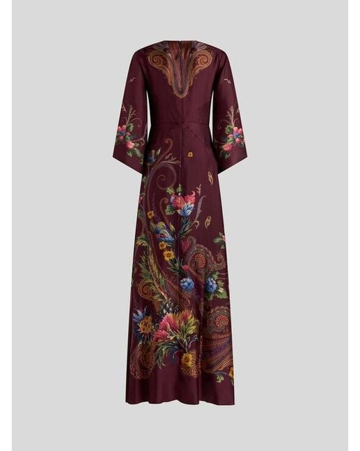 Etro Red Long Silk Dress With Placed Floral Paisley Print