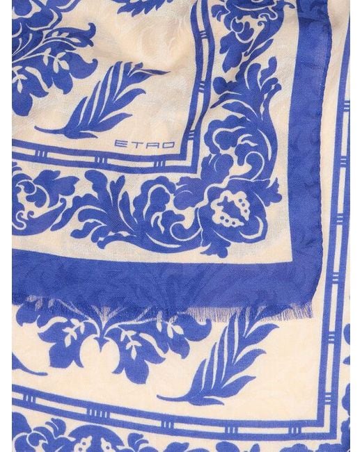 Etro Blue Chiffon Scarf With Floral Print