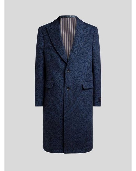 Etro Blue Wool And Cashmere Jacquard Coat for men