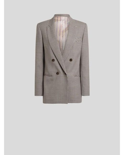 Etro Gray Double-Breasted Stretch Wool Jacket With Gingham Motif
