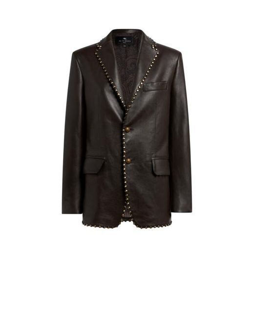Etro Black Single-Breasted Leather Jacket With Studs