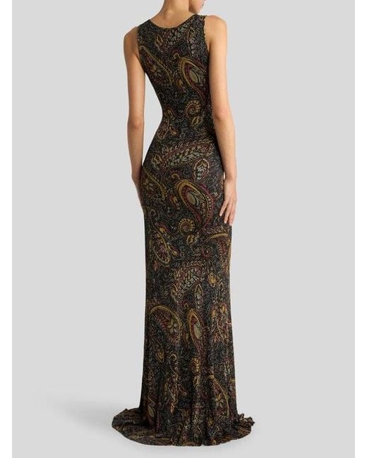 Etro White Ribbed Long Dress With Floral Paisley Motif