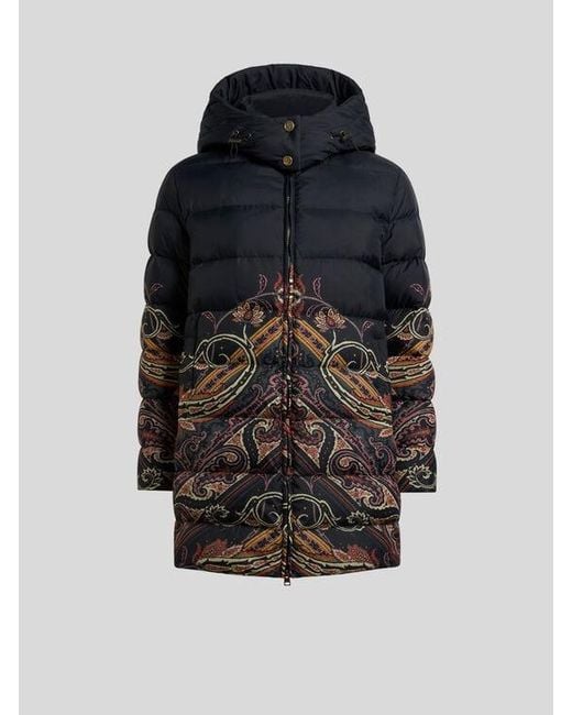 Etro Black Down Jacket With Placed Paisley And Geometric Print