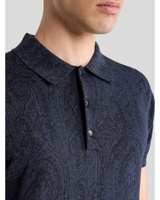 Etro Blue Cotton-Blend Polo Shirt With Floral Paisley Motif for men