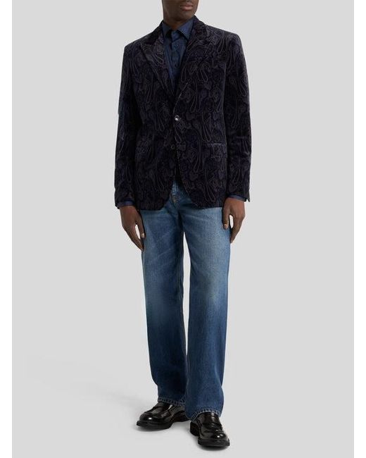 Etro Blue Single-Breasted Cotton Velvet Jacket With Paisley Overprint for men