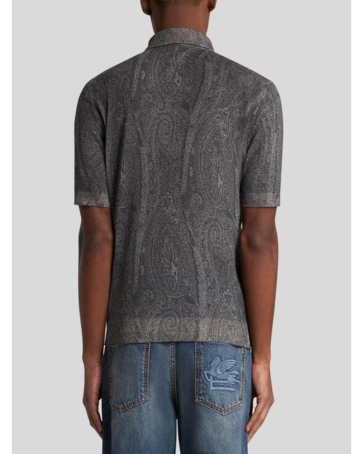 Etro Gray Knit Polo-Shirt With Paisley Print for men