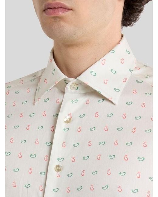 Etro White Cotton Sateen Shirt With Micro Paisley Motif for men