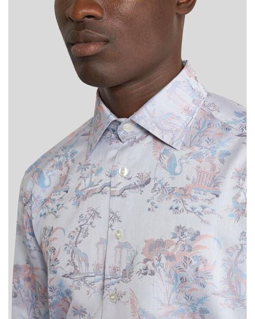 Etro Blue Cotton Jacquard Shirt With Flower And Animal Motif for men