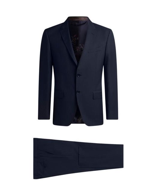 Etro Blue Single-Breasted Striped Wool Suit for men