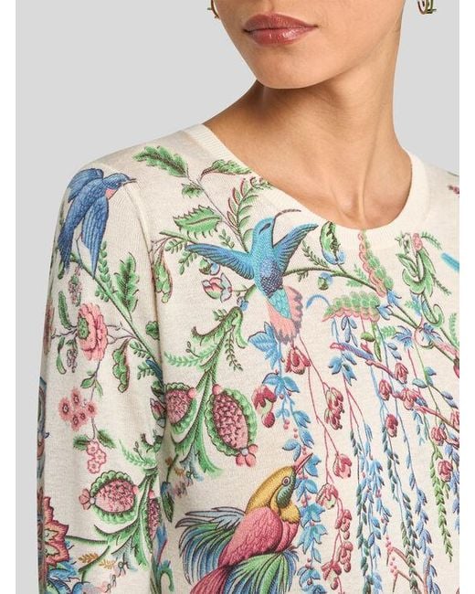 Etro White Silk And Cashmere Sweater With Flora And Fauna Motif