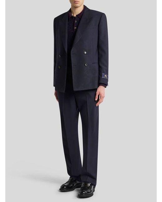 Etro Blue Double-Breasted Jacket With Placed Motif for men